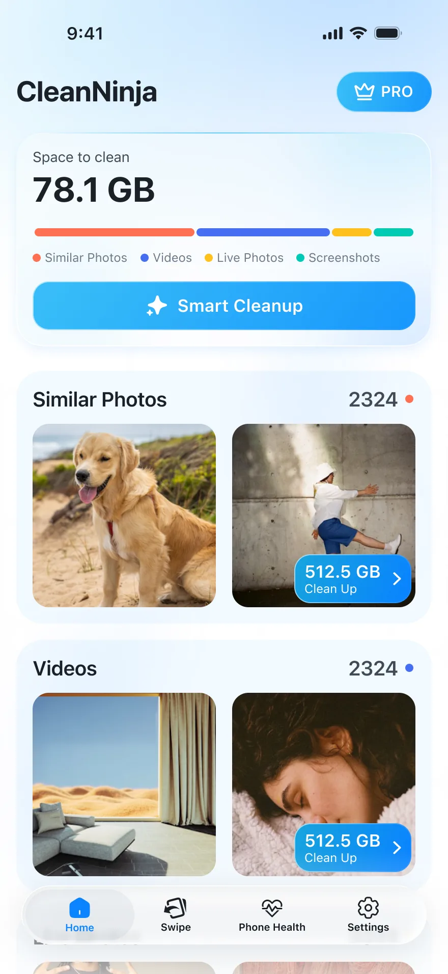 Clean Ninja on iPhone: a card reading Space to clean, 78.1 GB, with a bar split between Similar Photos, Videos, Live Photos and Screenshots, a Smart Cleanup button, and the Similar Photos and Videos sections below it.